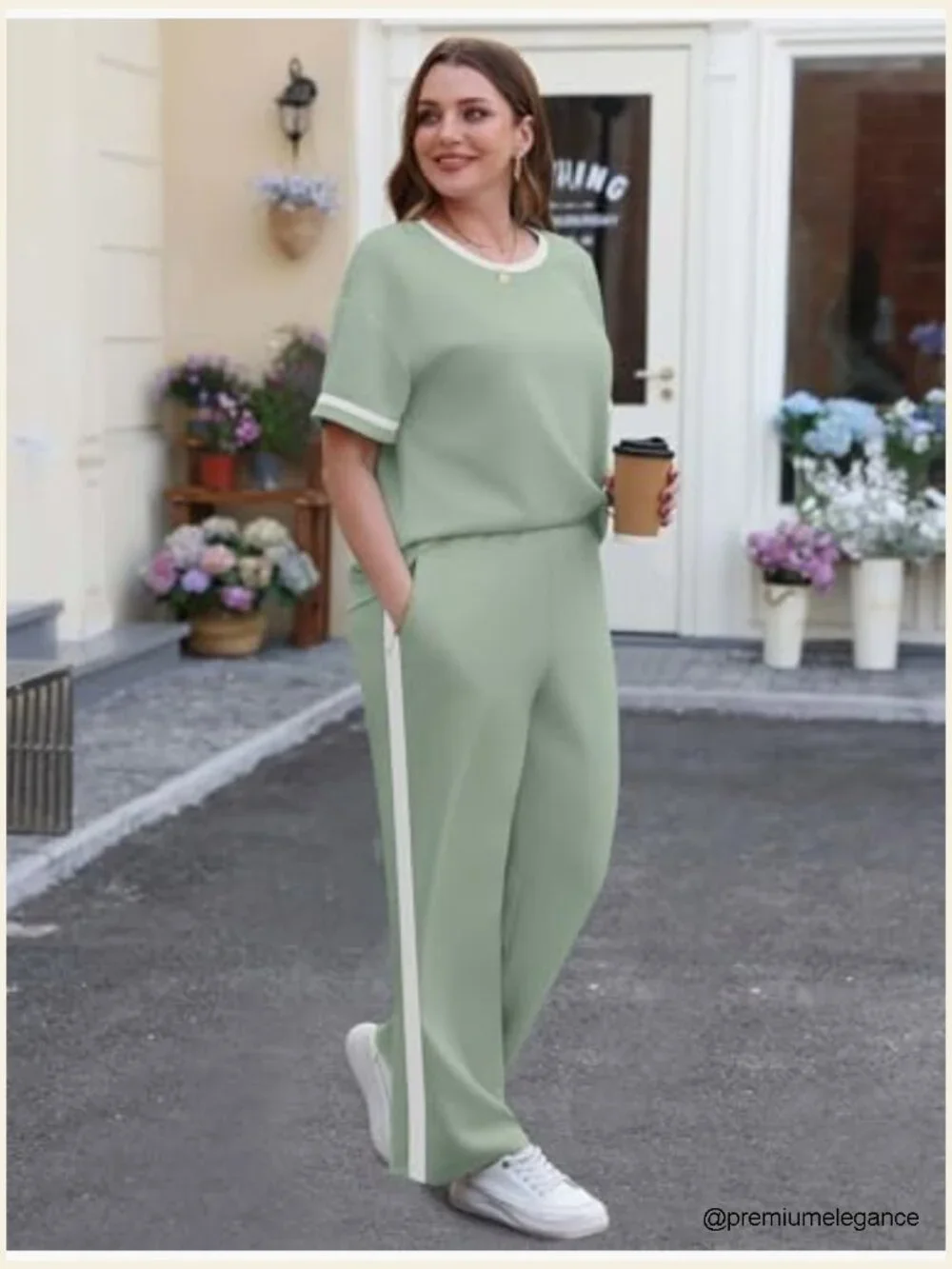 2 Piece Matching Set Short Sleeve Top Wide Leg Pants with Pockets Lounge Set